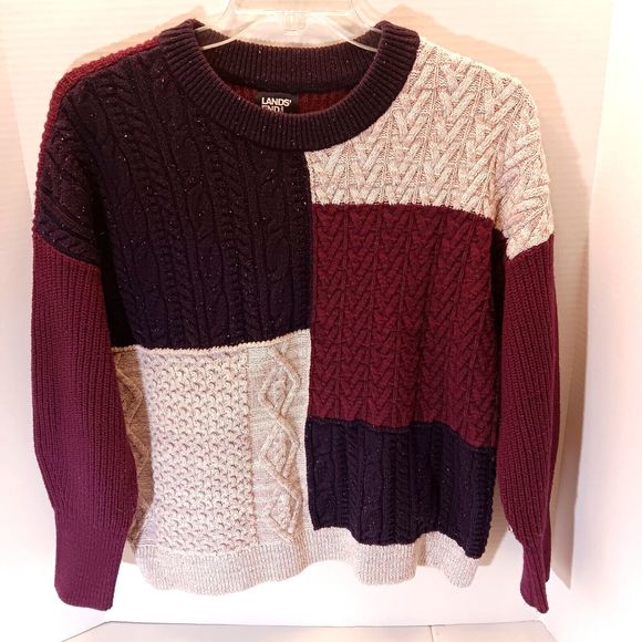 Lands End Sweater Mens S Colorblock Cable Knit Patchwork Grandpa Wool Blend - Picture 1 of 9
